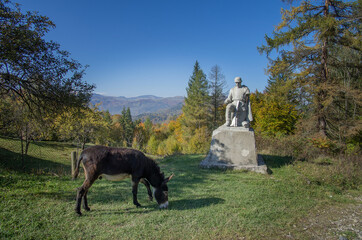 Pass Nemchich. Carpathians. Ukraine. October 11, 2013; A destroyed monument to a Soviet soldier...