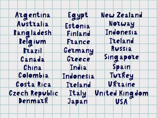 The names of the countries of the world. European countries. Hand lettering.