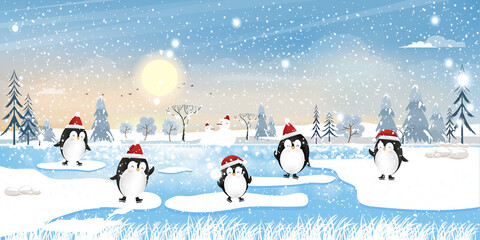 Winter wonderland landscape at arctic ocean with penquin bear family playing ice skating and standing on ice edge with snowing. Cute animals banner for New Year and Merry Christmas greeting card