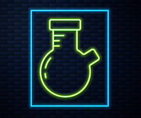 Glowing neon line Test tube and flask chemical laboratory test icon isolated on brick wall background. Laboratory glassware sign. Vector