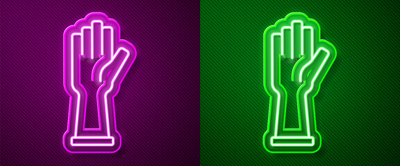 Glowing neon line Medical rubber gloves icon isolated on purple and green background. Protective rubber gloves. Vector