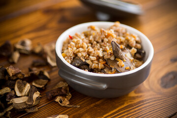 boiled buckwheat with organic forest dried mushrooms in a ceramic bowl