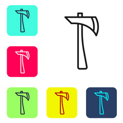 Black line Firefighter axe icon isolated on white background. Fire axe. Set icons in color square buttons. Vector
