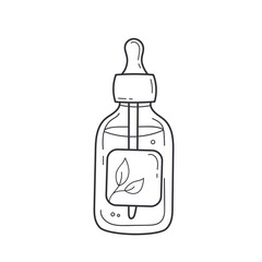 Vector Doodle Cosmetic Glass Bottle with Serum in Sketch style.Hand Drawn Outline Beauty Product with Pipette for Skin and Face Care.Line Female Accessories.Isolated on White Background. 