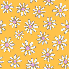 Cute Ditsy Daisy Seamless Pattern. Spring Flowers Random Placed All Over Print on Yellow Background.