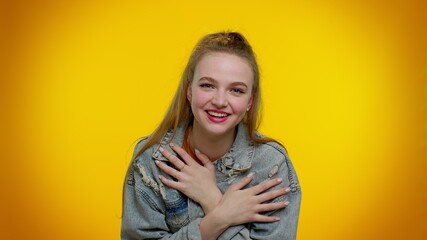 Sincere teen student girl 20s years old laughing out loud after hearing ridiculous anecdote, funny...