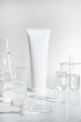 science experiment mockup of beauty fashion cosmetic makeup bottle lotion product with skincare...