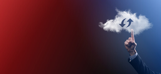 Cloud technology. Polygonal wireframe cloud storage sign with two arrows up and down on dark ....