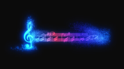 Musical notes on black background.Neon Musical concept.Continuous line drawing. illustration.