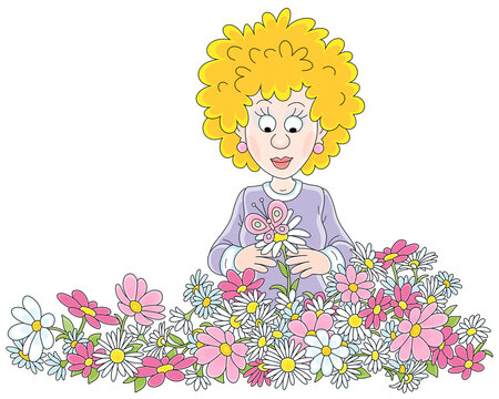 Happy young woman with colorful flowers and a beautiful butterfly in a summer blooming garden, vector cartoon illustration isolated on a white background