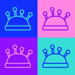 Pop art line Needle bed and needles icon isolated on color background. Handmade and sewing theme. Vector