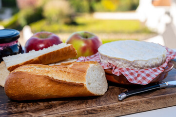 French breakfast with fresh baked baguette bread and camembert chees from Normandy, served outdoor with nice city view