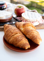 French breakfast with fresh baked croissants and cheeses from Normandy, camembert and neufchatel served outdoor with nice city view
