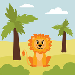 Obraz na płótnie Canvas Cute little lion in the wild savanna. Hand-drawn cartoon vector illustration for children's books, postcards, posters or T-shirts.