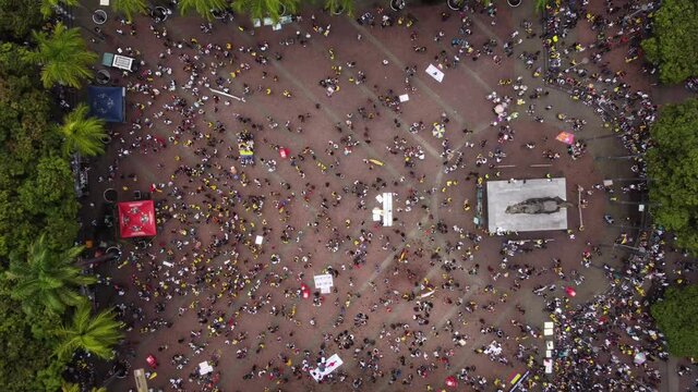 Pereira, Risaralda Colombia - April 28, 
 2021: Aerial View of a march of Colombians demanding rights and against tax reform