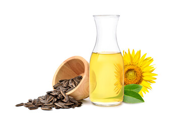 Sunflower seed oil with seeds and flower isolated on white background. - Powered by Adobe