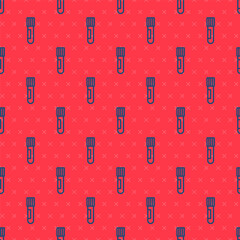 Blue line Test tube and flask chemical laboratory test icon isolated seamless pattern on red background. Laboratory glassware sign. Vector