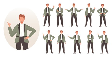 Businessman character set. Business people showing different gestures. Vector illustration