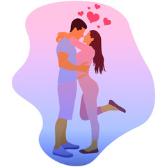 Happy couple in love. A man and a woman in full growth are hugging. Couple of romantic partners on a date. Boy and girl. Flat vector illustration for Valentine's Day.