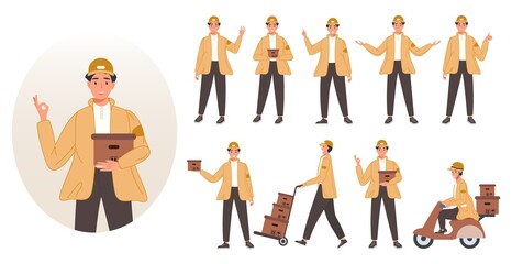 Courier or delivery service workers standing in different poses. Characters set with parcels packages boxes. Vector illustration delivery concept