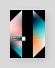 Abstract Placard, Poster, Flyer, Banner Design. Colorful gradient on vertical A4 format. Glass effect. Decorative neumorphism backdrop. Gradient glassmorphism shape on black background