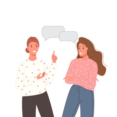 Multiethnic people talking or discuss social network. Two friend speaking couples with speech bubbles. Character dialogue concept. Vector illustration