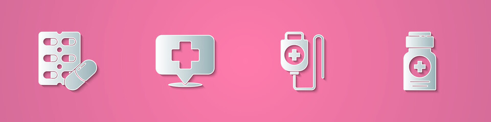 Set paper cut Pills in blister pack, Map pointer with cross hospital, IV bag and Medicine bottle icon. Paper art style. Vector