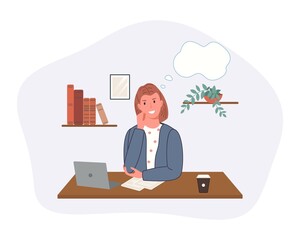 Smiling dreaming girl working at home isolated on white background. Happy dreamy character with thought bubble. Vector illustration concept