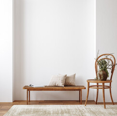 Farmhouse living room interior with wooden furniture, wall mockup, 3d render © artjafara