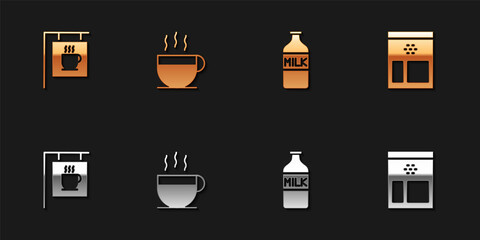 Set Street signboard coffee, Coffee cup, Bottle with milk and Bag beans icon. Vector