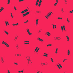 Set Climber rope, Aqualung, Vintage sport racing car and Longboard skateboard on seamless pattern. Vector