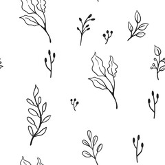 Floral doodle elements seamless texture. Hand drawn decorative leaves and wreaths texture background. Tree branches with leaf illustrations.