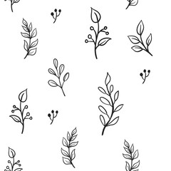 Floral doodle elements seamless texture. Hand drawn decorative leaves and wreaths texture background. Tree branches with leaf illustrations.