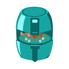 Green air fryer with chiken and broccoli Cartoon isolated illustration on white background
