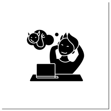 Cynicism glyph icon. Distrust upshot in workplace.Bad motives and thoughts. Man at laptop.Workaholism concept.Filled flat sign. Isolated silhouette vector illustration