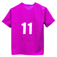 T-shirt purple color with number 11 isolated on white background top view close-up.