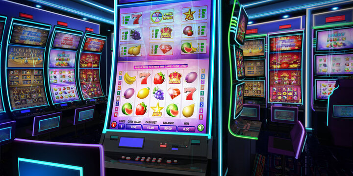 Close view of a fruit-themed video slot game on a slot machine with curved display and neon lights at the casino playroom. 3D rendered illustration