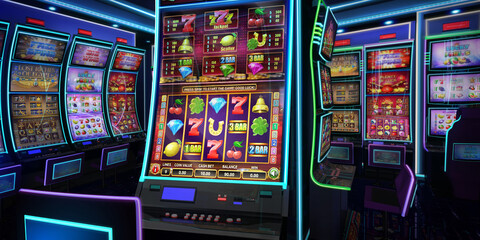 Close view of a classic style video slot game on a slot machine with curved display and neon lights at the casino playroom. 3D rendered illustration - obrazy, fototapety, plakaty