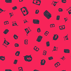 Set Discount percent tag, Stacks paper money cash, Shopping cart and Credit card on seamless pattern. Vector