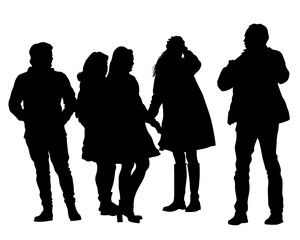 Tourists with smartphones in their hands take pictures of themselves. Isolated silhouettes on white background