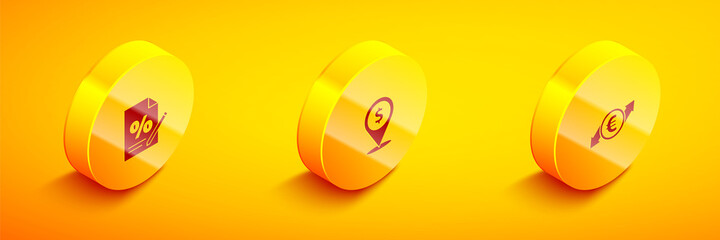 Set Isometric Finance document, Cash location and Financial growth and euro coin icon. Vector