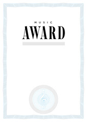 Music Award Diploma background with simple guilloche seal and border