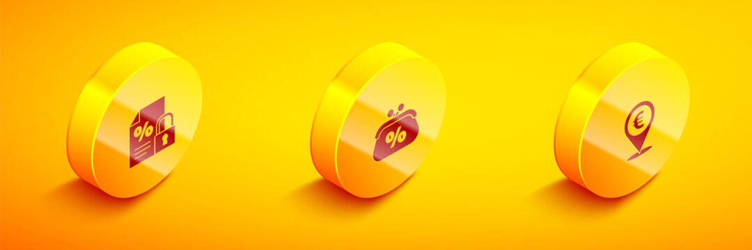 Set Isometric Finance document and lock, Purse money percent and Cash location icon. Vector