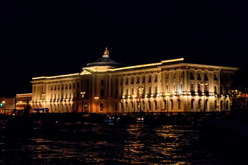 Fototapeta na wymiar Building of Academy of Arts on a bank of the Neva river in Saint Petersburg, Russia. Night view