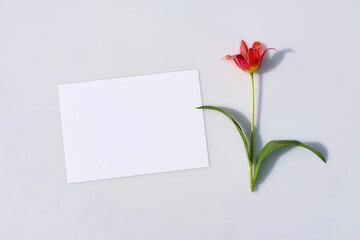 Mockup poster or flyer for presentation, white sheet of paper and tulip flower with hard shadow on a gray background in a elegant modern minimalist style. Congratulations blank, stationery