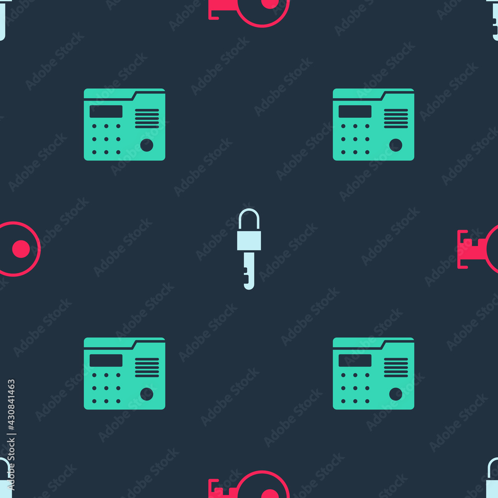 Poster set key, locked key and house intercom system on seamless pattern. vector