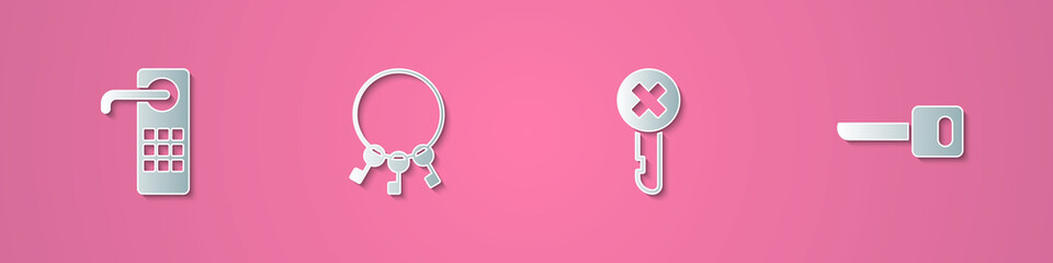 Set paper cut Digital door lock, Bunch of keys, Wrong and Key icon. Paper art style. Vector