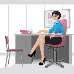 Business Woman sits on a chair in front of a desk and points to an empty chair. The boss invites the subordinate to the office. Monitor and folders on the table. Vector illustration.