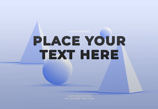 3D Light Blue Pyramids and Balls on Blue Background Mock Up