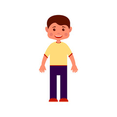 Figure of smiling boy in casual clothes in cartoon style. Cheerful teenager in T-shirt, trousers, sneakers. Character for your project. Vector illustration in flat style, isolated on white background